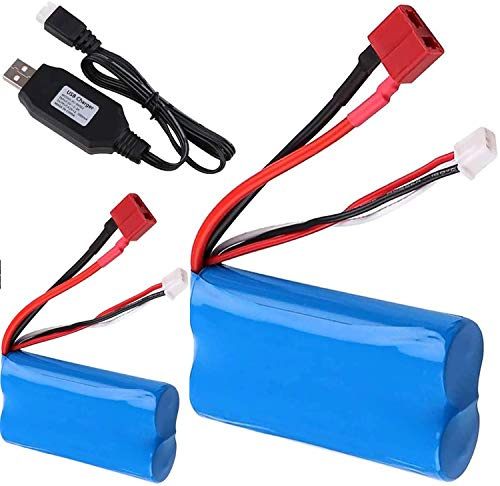 Yangers 2 Stück wiederaufladbare Li-Ion Akkupack, 7.4V 2000mAh Lithium Batterie 2S 20C Deans T stecker weiblich mit USB-Ladegerät für Auto RC Offroad LKW Flugzeug Boot Reiter Spielzeug WLtoys
