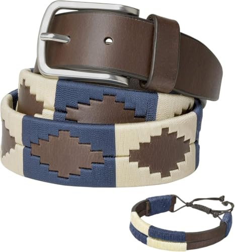 PELPE - Cinturón argentino de piel, con pulsera de hilo y cuero a juego. Cinturón bordado sobre cuero, para hombre y mujer. Cinturones argentinos Polo.