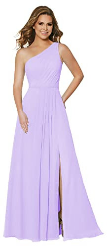 N/ C Un hombro plisado Split vestidos de dama de honor con bolsillos una línea de gasa vestidos de fiesta formales C007, Lila, 38