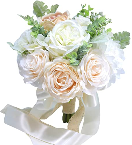 MISNODE Bouquet da sposa fatto a mano per matrimonio, damigella d'onore, bouquet di rose finte per la casa, centrotavola, decorazione per matrimoni, bianco