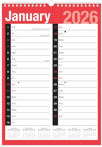 2026 Calendar A3 Easy Month to View Spiral Bound Monthly Wall Planner Organiser with UK Holiday Marked for Home Business Office School - Covered 12 Months January to December
