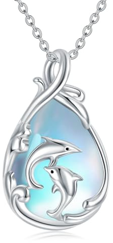 YFN Delfin-Halskette aus Sterlingsilber Delfin-Mondstein-Halskette Ozean-Delfin-Wellen-Anhänger Delfin-Schmuck Geschenke für Frauen Teenager Mädchen Delfin-Liebhaber Geburtstag