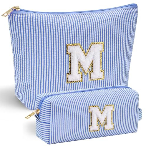 Parima Kosmetiktasche Mädchen Damen, 2 Stück Make Up Tasche Personalisierte Kosmetiktasche Geburtstagsgeschenk für Mädchen Frauen Geschenke für Frauen Freundin Schweste Blau Schminktasche Buchstaben M