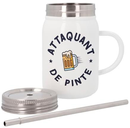 Mug Isotherme en Inox avec Couvercle et Paille - Attaquant de Pinte Apéro Soirée Foot Bière Amis - 500 ml - Tasse Thermo