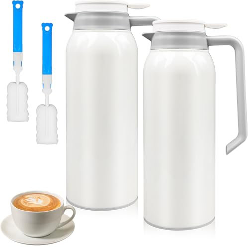 2 Pcs 1.5L Stainless Steel Thermal Carafe Jugs, White Double Walled Thermal Coffee Carafe, Vacuum Insulated Tea Pots with 2 Brushes for Home Office Outdoor Restaurant