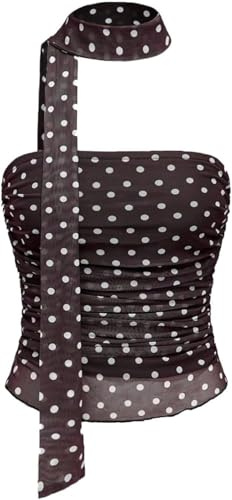 LLECDASEUI Donna A Pois Maglia Crop Top con Sciarpa Y2k Senza Maniche Tubo Carino Piegato arricciato Canottiere per la festa del Club, marrone, L