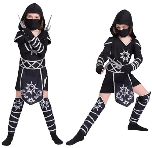 PILUZEAT Déguisement Ninja Halloween pour Enfants Fille Garçon Costume Noir Royal Carnaval Anniversaire Mascarade Cosplay VêTements de FêTe 100-150 CM