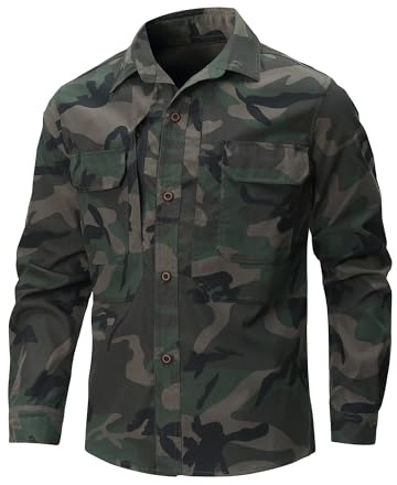 CoXuantion Camicia da Uomo a Maniche Lunghe Casual Traspirante Leggera Sportiva Camicia Safari Protezione UV Funzionale Shirt per Pesca Trekking XXL,Mimetico