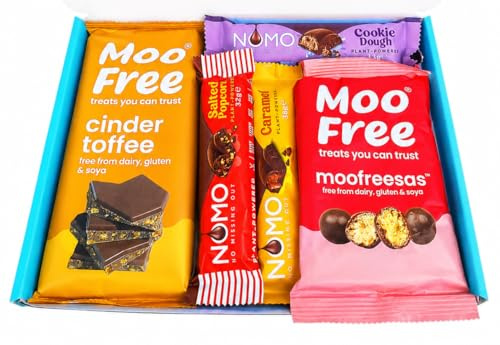 NOMO & Moo Free Chocolate Selection Hamper Gift Box | Cinder Toffee Large Bar | Free From, Dairy Free, Gluten Free & Vegan | Hamper Exclusive To INTERGALACTIC SWEETS