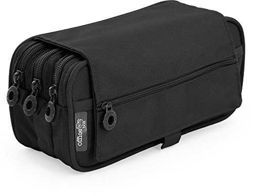 office box Estuche Triple el Orginal- Porta Lápices de 3 Apartados con Cremallera, Múltiples Bolsillos, Horario e identificador y Tira para Llevar en tu Trolley by Colorline (Negro)