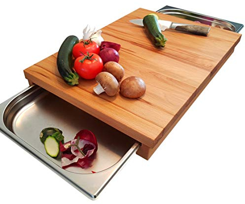 Küchenbrett KERNBUCHE mit 2x Auffangschale Grill-Schneidebrett Holzbrett Servierbrett Küche Käsebrett Schneidbrett Brotschneidebrett Schneidebrett (53,7 x 37cm mit zwei 1/2 GN-Behältern)