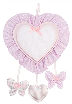 FILET - Fiocco Nascita a Forma di Cuore | Inserto in tela Aida da Ricamare | Pendagli a Forma di Farfalle e Cuori | Realizzato in cotone | Made in Italy | Colore Rosa