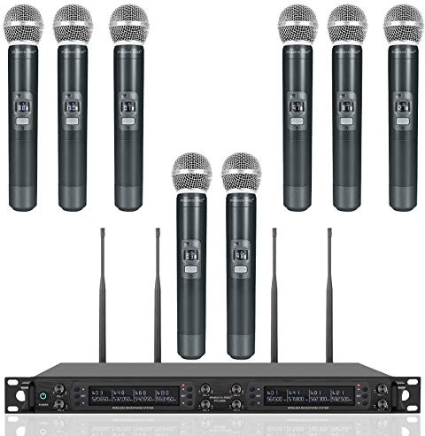 Phenyx Pro Wireless Microphone System, 8-Channel Wireless Mic, w/ 8 Handheld Dynamic Microphones, Auto Scan,8x40 UHF Frequencies, 328ft Range, Mics for Singing,Church, Karaoke(PTU-6000-8H)