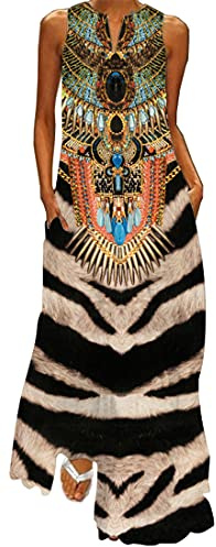 WINKEEY Femme Robe Longue Imprimé Floral Maxi Robe Bohème avec Poches sans Manches Grande Taille, Ethnique 2XL