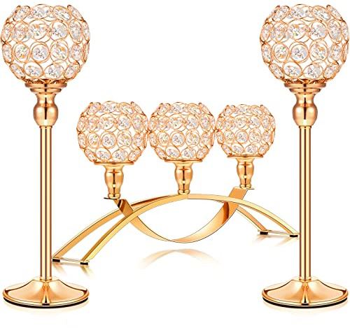 Set of 3 Pieces Gold Crystal Candle Holders, Tealight Candlestick Candelabra Stand with 3 Arms, Decorative Table Centerpieces Fireplace Home Living Room Decor for Wedding Housewarming Anniversary