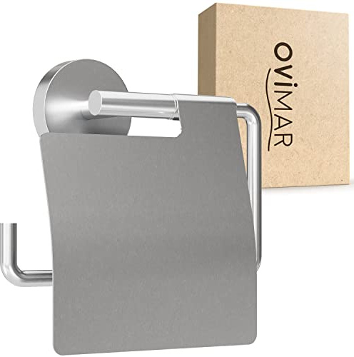 ovimar Toilettenpapierhalter Skagen zum Bohren Silber | Klorollenhalter in Edelstahl | Klorollenhalter mit Deckel | WC Rollenhalter mit Absenkdämpfung zum Bohren | WC Papierhalter