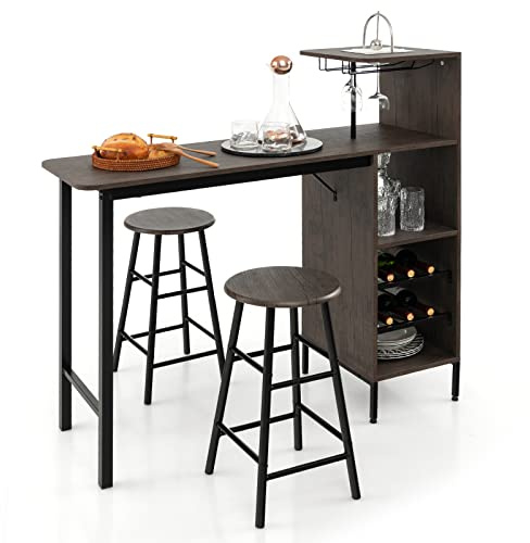 COSTWAY 3 Piece Bar Table Set, Kitchen Table and Stools with Glass Holders, Wine Racks, Storage Shelves & Adjustable Foot Pads, Counter Height Dining Table Set for Bistro Living Room (Brown)