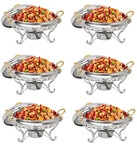 Stylish Round Gold Plated Chafing Dish Set - 2/4/6 Pack Stainless Steel Chafer Catering Buffet Warming Containers with Fuel Holders for Restaurant Parties Weddings