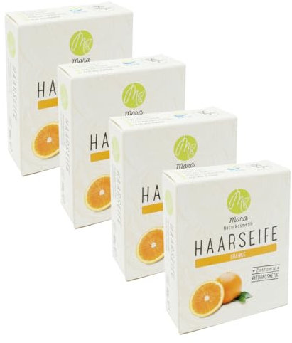 Mara Naturkosmetik - Feste Haarseife Orange – Pflegende Wellness Reinigung ohne Palmöl für Frauen und Männer – Naturseife - Nachhaltig, vegan, bio, umweltfreundlich, handgemacht und zertifiziert 4x90g