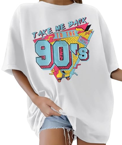 Lonya Camiseta Manga Corta Mujer Camiseta Oversize Verano Camisetas Basicas Cuello Redondo T-Shirt Algodon con Estampado Blusa, Blanco+90'S, XL