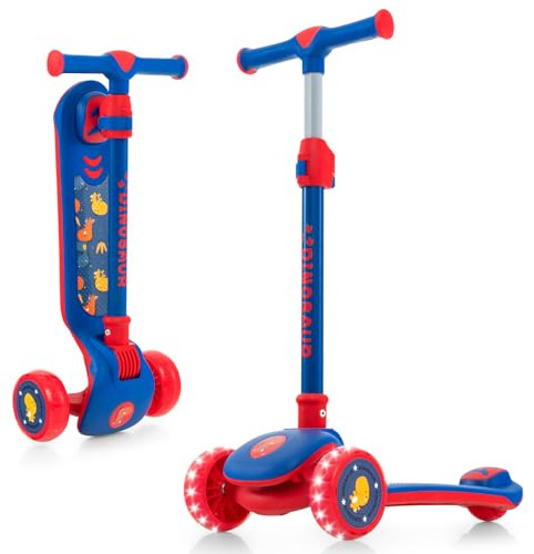 COSTWAY Monopattino Bambini 3-5 Anni, Monopattino 3 Ruote per Bambini Pieghevole con Piano Largo, Ruote LED Luminose in PU, Freno Posteriore ed Inclinazione per Sterzare e Manubrio Regolabile (Blu)