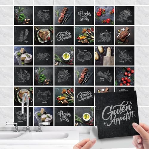 36 Stück Fliesenaufkleber Küche Selbstklebende - Küchenrückwand Fliesenfolie PVC mit Essen Spruch - Wasserdicht Ölfest Quadratisch Fliesensticker für Wand-fliesen Schrank Möbel Dekorative (15X15cm)