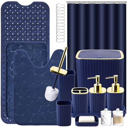 XLHOMO 26PC Bathroom Accessories Set - Gorgeous Blue Bathroom Set, Bathroom Accessory Set, Navy Blue Shower Curtain Set with Bathtub Mats for Shower Tub