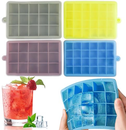4PCS Vassoio Cubo di Ghiaccio con Coperchio,Vassoi di Cubette di Ghiaccio in Silicone Grande, Vassoio per Cubetto di Ghiaccio, 2 Stili(15 Griglie e 24 Griglie),Totale di 78 Cubi, Stampi Riutilizzabili