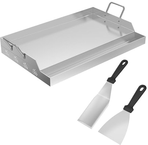 SUBTLETY Garten Grillplatten 2mm Massive Stahl Grill Blech Set mit 2 Grillspachtel, Griff & Fettauffangrillen Universelle Griddleplatte für Gas-& Kohlegrill Plancha Grillschalen für Party (54x32x7cm)