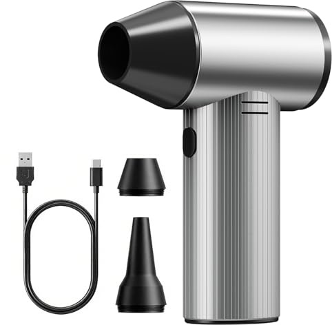 Soplador de Aire Comprimido de Metal, 270000 TR/Min de Pulverización de Aire Comprimido con 3 Velocidades ajustables, Aire Comprimido Limpieza PC, Soplador Batería para Coche, Hogar y Exterior - Plata