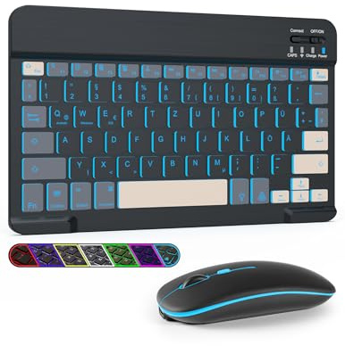 LAMA Kabellose Bluetooth Tastatur & Maus, wiederaufladbare Universal Tablet Tastatur, kompatible mit iPad/Tablet/iOS/Android/Windows/Laptop/Computer,Deutsches QWERTZ-Layout, Schwarz&Grau Beleuchtet