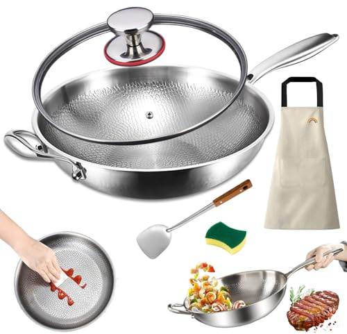 Titanium Hammered Pan Pro with Lid, Multifunctional Ultra-Durable Scratch-Resistant Non Stick, Titanium Pan for Cooking, Frying, Baking, Frying Pan & Pot for Oven, Induction & All Cooktops,12.6in