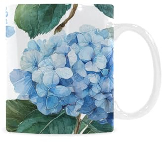 qenuh Blue Hydrangea Floral Pattern Ceramic Mugs Coffee Cup Smooth Glaze Finish 11 oz Classic Tea Cup for Hot Drinks, Office/Home Use