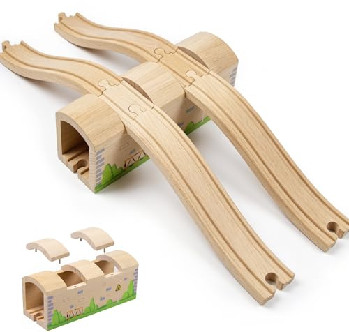 Holzeisenbahn Tunnel und Brücke Set mit S-Schienen, Holz Eisenbahn Brücke Zubehör kompatibel mit führenden Eisenbahn Marken, Holz Eisenbahn Kinder Spielzeug für Kinder ab 3 Jahren (Wälder)