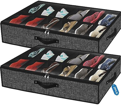 homyfort Under Bed Shoe Storage Organizer for Closet Fits 24 Pairs-Sturdy Underbed Shoe Storage Box Bins,Set of 2 (Linen-like Black)