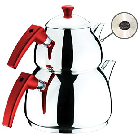 Yagmur Stainless Steel Turkish Teapot Set for Stovetop, 1.9 Quart (1.8L) Tea Pot and 2.96 Quart (2.8L) Tea Boiler, Turkish Double Tea Maker with Ergonomic Handles, Samovar Style, Mega