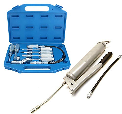 AB Tools Manuelle Fettpresse, Hebelwirkung mit 7-teiligem Adapter-Schmiermittel-Zubehör-Set, 425 ml