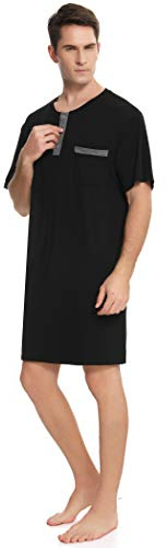 Enjoyoself Pijama de algodón para Hombre, Suave, Transpirable, Longitud hasta la Rodilla, Camisa de Noche de Manga Corta, Ropa de Dormir para Descansar, Type2-black, L