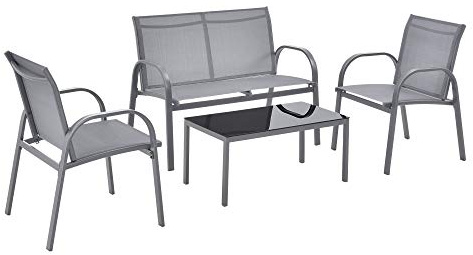 [en.casa] Set di Mobili da Giardino Fino a 4 Posti di Seduta Arredo Esterno Set Composto di 1 Divano e 2 Sedie con Braccioli e 1 Tavolino Basso con Piano in Vetro - Grigio Chiaro