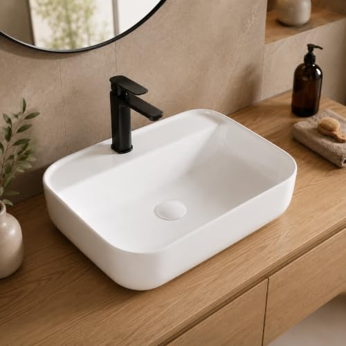 Art-of-Baan Premium Waschbecken eckig - Hochglanz Aufsatzwaschbecken - Keramik-Becken für Waschtisch - Waschschale weiß - 500 x 400 x 135 mm