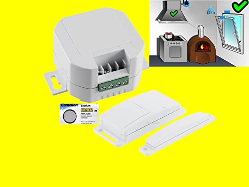 JKshop24 Funk Abluftsteuerung mit Unterputz/Einbau-Funkempfänger High-Tech-Set Dunstabzugshaube Fensterkontaktschalter + Handsender - 2000W Power-Funkempfänger Fenstersensor 1x Ersatzbatterie, White