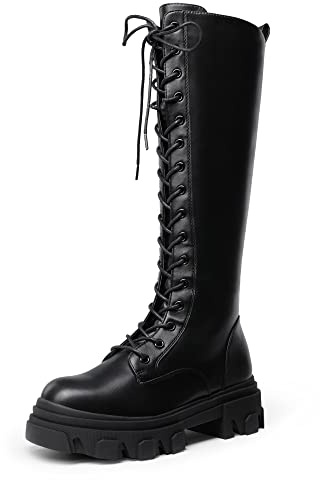DREAM PAIRS Donna Stivali Alti al Ginocchio Moda Stivali Alti da Donna con Lacci e Suola Spessa,Size 40.5,Nero/Pu,SDKB221W