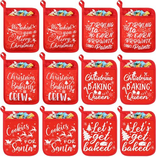 WILLBOND 12 Piece Christmas Pot Holders with Pocket - Funny Hot Pads for Kitchen, Oven, Baking & Cooking