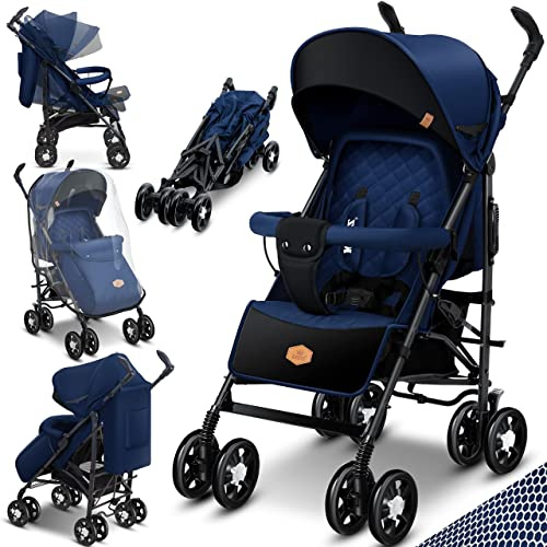KIDIZ® Kinderwagen City-Pro Buggy Kinderbuggy klappbar Liegebuggy Sportwagen Faltbar 360° 6-Zoll-Rädern Inkl. Moskitonetz, Fußsack und Regenverdeck zusammenklappbar Schlaffunktion Navyblau/Schwarz
