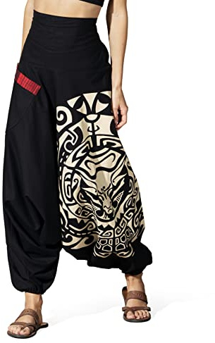 Women's Printed Harem Pants, Cotton Boho Hippie Casusal Oversized Palazzo Pant for Women, Fate Weaver Black-Beige, X-Large