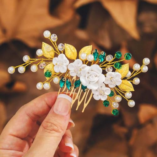 IYOU Blume Hochzeit Haarkamm Grün Kristall Braut Kopfschmuck Perle Blatt Gast Bräute Brautjungfer Haarschmuck für Damen