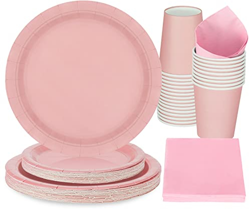PARTY GO 96 Pcs Pink Paper Plates, Party Plates Cups and Napkins Disposable Party Tableware Set Supplies for Birthday Wedding Holiday Graduation Baby Shower Decorations Serve 24 Guests