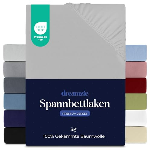 Dreamzie - Spannbettlaken - 160x200cm - 100% Gekämmte Baumwolle - Jersey | Grau · Leintuch mit Rundumgummi · Spannbetttuch bis 27cm Steghöhe · Oeko-Tex zertifiziert · Premium · Queen Size