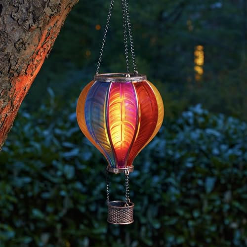 Festive Lights - 45cm Solar Power Rainbow Stain Cool Fiesta Realistic Flame Outdoor Hanging SMD LED Hot Air Balloon Lantern - Multicoloured Glass Effect Flaming Garden Light with Handle