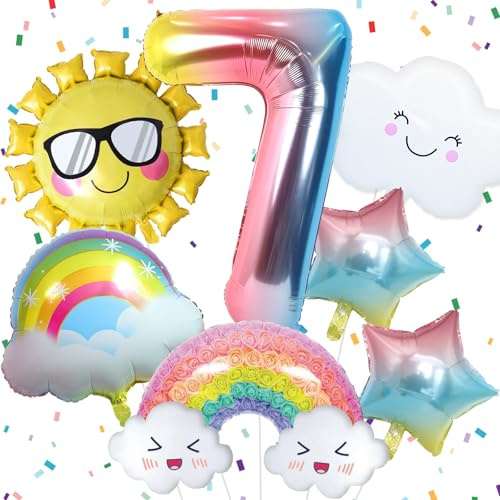 7 Jahre Regenbogen Geburtstag Deko für Mädchen, Regenbogen Folienballon 7, Regenbogen Geburtstagsdeko mit Regenbogen Sonne Folie Luftballon Regenbogen Sterne Ballons für 7. Geburtstag Mädchen Deko